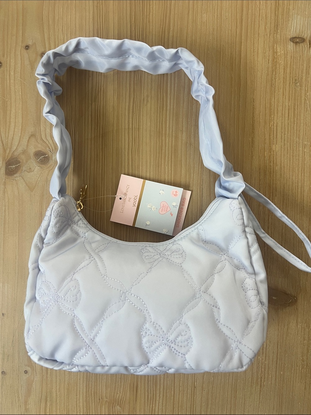 LoveShackFancy Quilted Bow Shoulder Bag in Pastel Lavender Periwinkle Blue Cinch